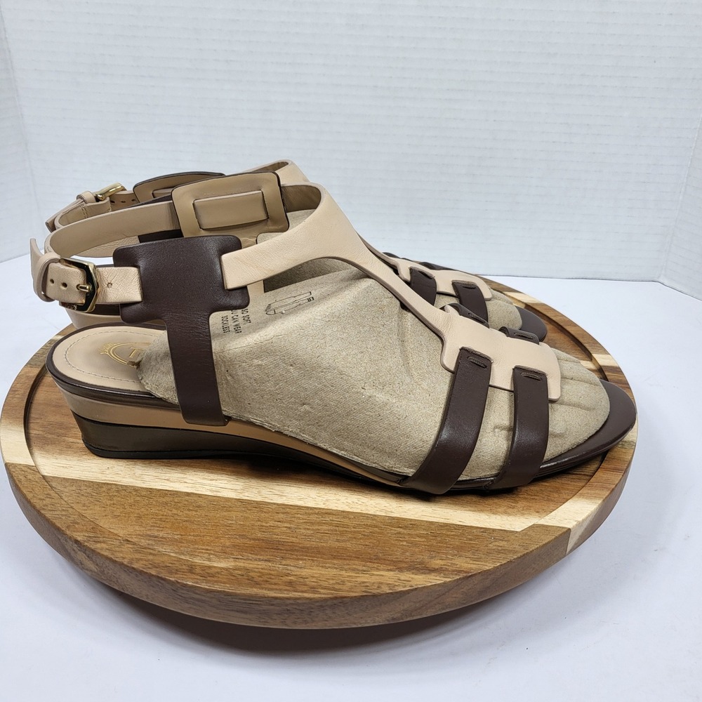 Tod's Leather Wedge Sandals Women 38 Brown Beige Excellent Italian Strappy